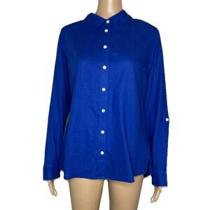 Women’s Small Soft Surroundings Electric Blue Linen Blend Button Down Shirt